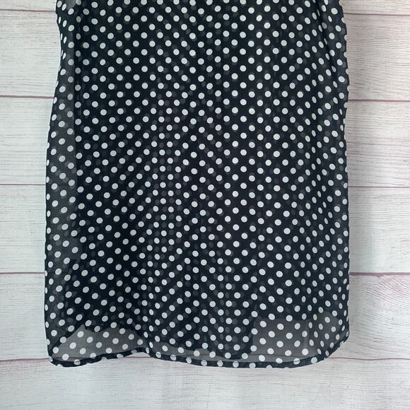 Almost Famous Black with White Polka Dot Sheer Sleeveless Blouse Tie Neck Size S - Picture 7 of 11